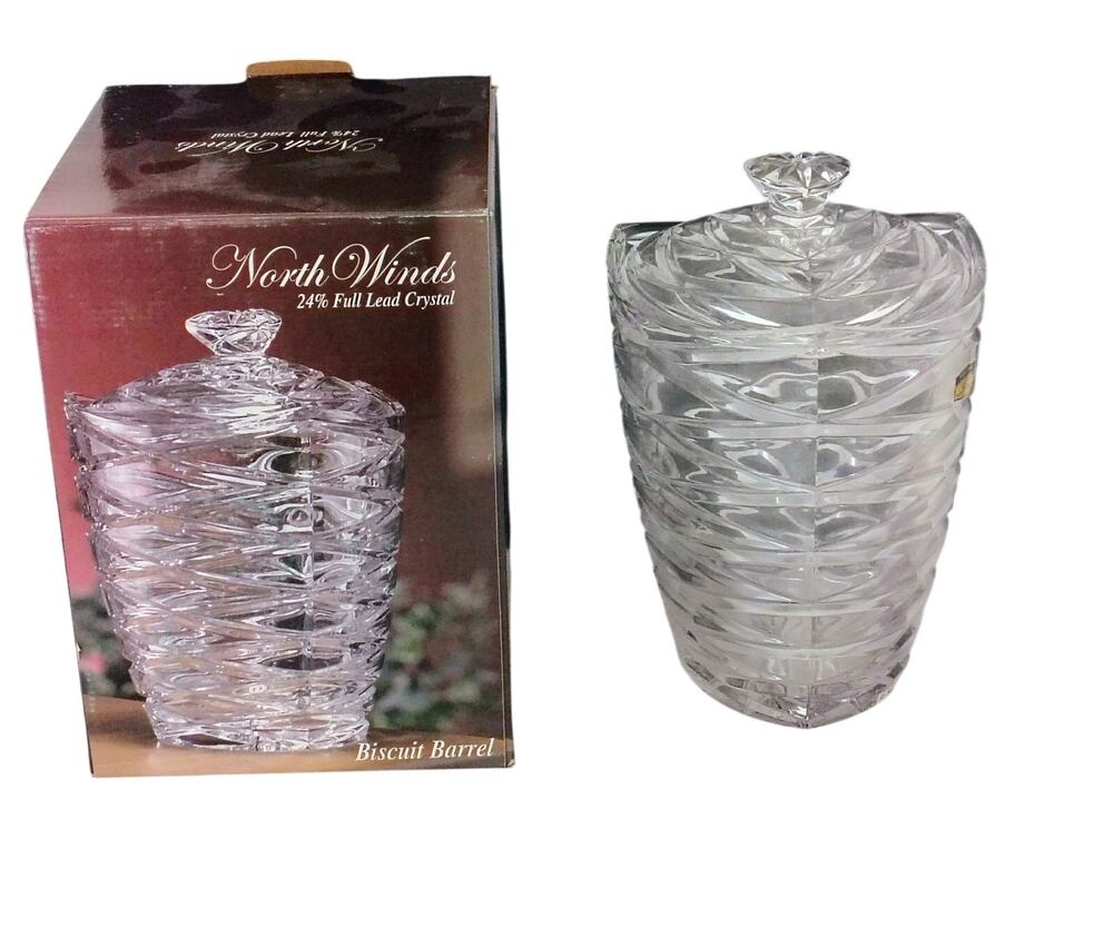 North Winds Clear Etched 24% Lead Crystal Biscuit Barrel Cookie Jar Candy Dish